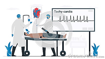 Doctor and medical assistant treat a patient. This heart disease called tachycardia arrhythmia. Periodic signal is fast impulse Vector Illustration