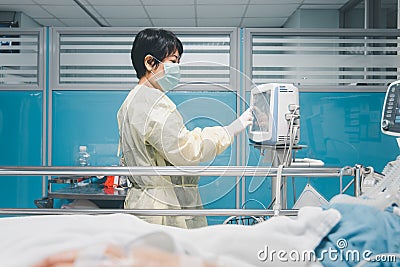 Doctor medical care patient on bed in hospital Stock Photo