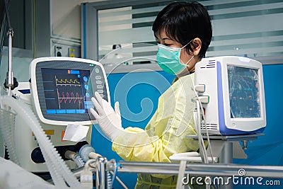 Doctor medical care patient on bed in hospital Stock Photo