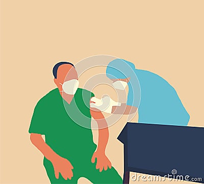 Doctor in medical face mask getting Covid-19 or flu vaccine by professional nurse at the hospital. Vector Illustration