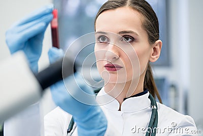 Doctor in medical laboratory looking at blood test Stock Photo