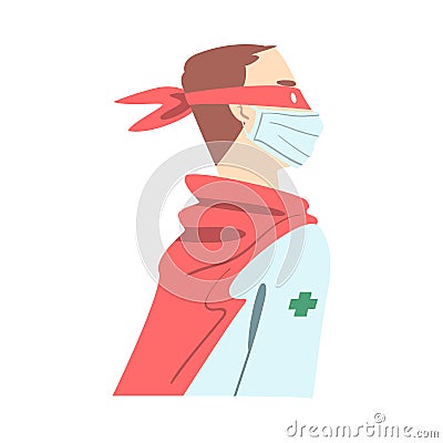 Doctor in Medical Mask Wearing Superhero Costume, Professional Confident Doctor Character Fighting Against Viruses Vector Illustration