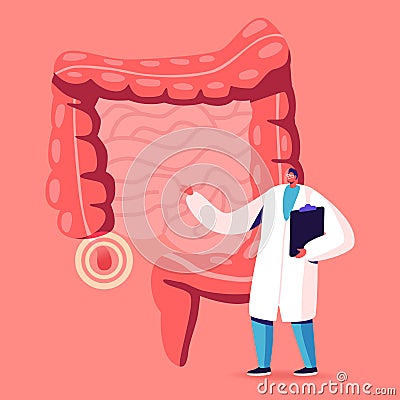 Doctor or Medical Teacher Character Stand at Human Intestines with Sore Appendix Infographics Vector Illustration