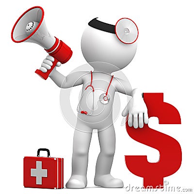 Doctor with megaphone and Dollar currency sign Stock Photo