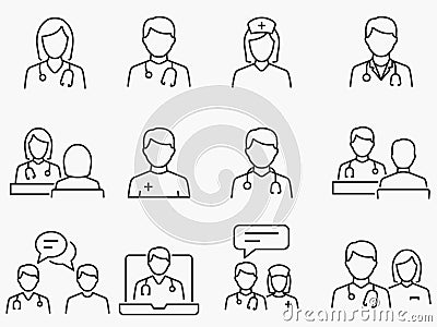 Doctor and Nurse line icons set. Black vector illustration. Editable stroke Cartoon Illustration