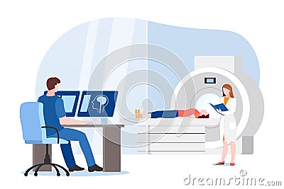 Doctor and nurse prepare for magnetic resonance imaging scan of patient. Vector illustration. MRI medical diagnostic Vector Illustration
