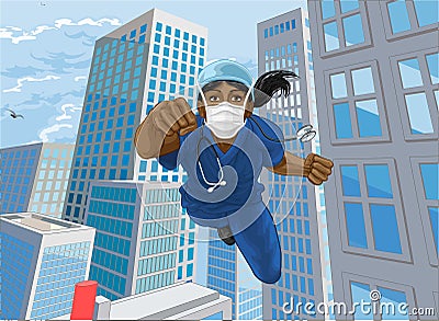 Doctor Nurse Scrubs Superhero Flying Super Hero Vector Illustration