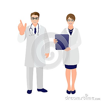 Doctor and nurse. Set of doctors in medical uniform. Attractive young man with attention gesture and girl with report. Health care Cartoon Illustration