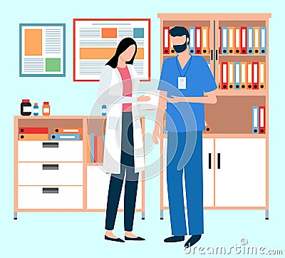 Doctor and nurse stand with patient card. Medical staff in uniform study, discuss examination result Vector Illustration