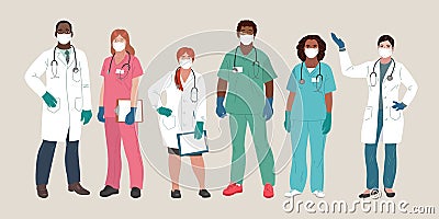 Doctor and Nurse wearing Face Mask and Medical Gloves Vector Illustration