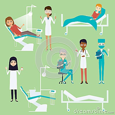 Doctor or nurse woman character set. Cartoon vector flat infographic illustration. Girl medic different race and Vector Illustration