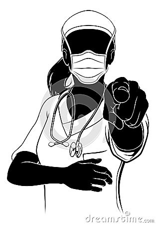 Doctor Nurse Woman Scrubs Mask PPE Silhouette Vector Illustration