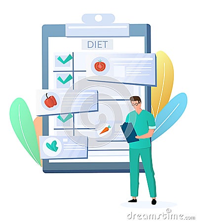 Doctor nutritionist, dietician with diet program clipboard, flat vector illustration. Vegan diet plans, healthy eating. Vector Illustration