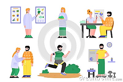 Doctor nutritionist treating a patient flat vector illustrations set isolated. Vector Illustration