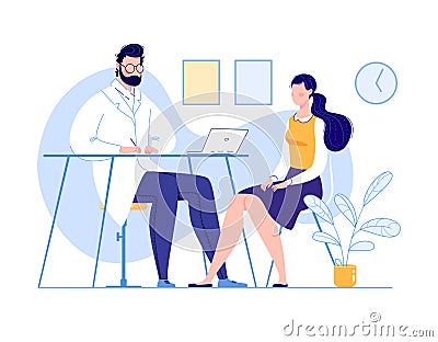 The doctor in the office sits at the table advises the patient Vector Illustration