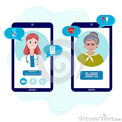 Doctor with old patient meet online. Online healthcare for Senior. Mobile appointment woman with doctor for check up, diagnose and Stock Photo