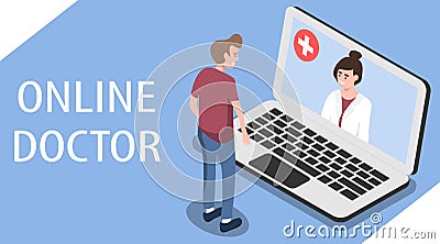 Doctor online. The concept of online medicine. Images of people in isometry. Cartoon Illustration