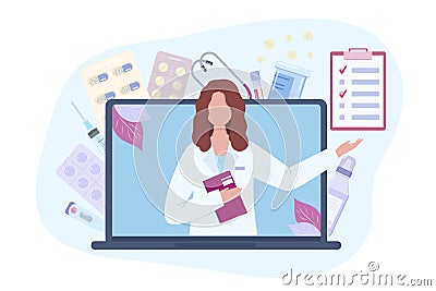 Doctor online on a laptop. Online medical consultation and medicine prescription. Distant appointment vector Vector Illustration