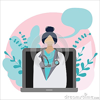 Doctor online on laptop. Online medical consultation concept. Healthcare services. Vector colorful illustration. Flat cartoon Vector Illustration