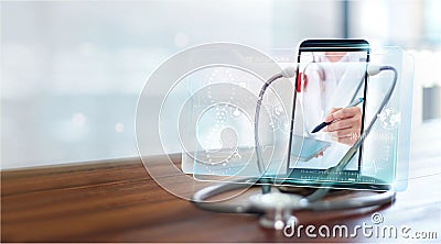 Doctor online, Online medical communication with patient on virtual interface, Online and medical consultation, Virtual hospital, Stock Photo