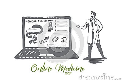 Doctor, online, medicine, laptop, service concept. Hand drawn isolated vector. Vector Illustration