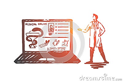 Doctor, online, medicine, laptop, service concept. Hand drawn isolated vector. Vector Illustration