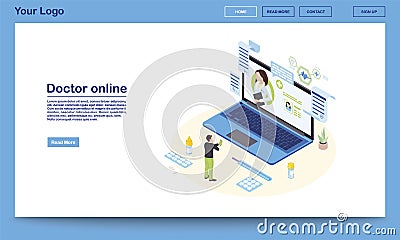 Doctor online service isometric landing page template. 3d physician consulting patient, prescribing medicine. Ehealth system promo Vector Illustration