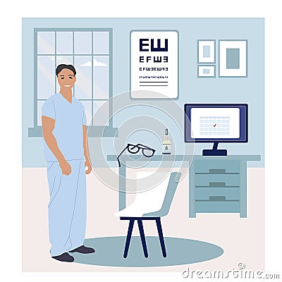 Doctor ophthalmologist office workplace room interior, modern hospital clinic cabinet interior flat vector illustration. Vector Illustration