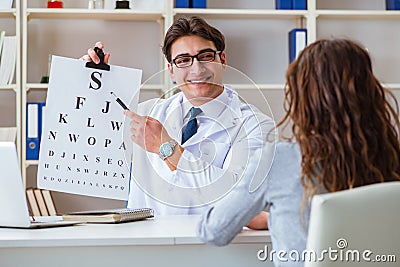 The doctor optician with letter chart conducting an eye test check Stock Photo