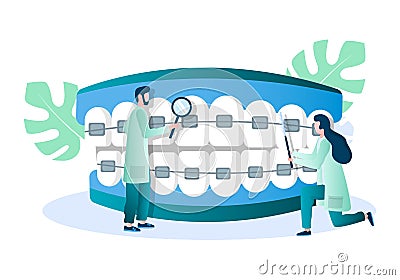 Doctor orthodontist examining teeth with braces, vector illustration. Dental brackets. Orthodontics, bite correction. Cartoon Illustration