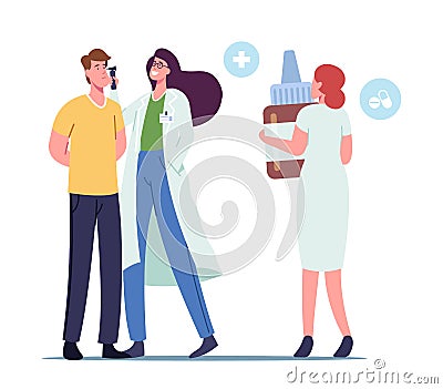 Doctor Otolaryngologist Checking Patient Sick Ear, Tiny Nurse Female Character Hold Huge Bottle with Remedy for Otitis Vector Illustration