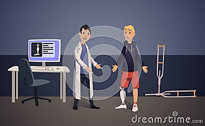 Doctor and patient with artificial leg. Bionic prosthesis. Vector illustration. Vector Illustration