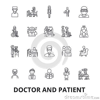 Doctor and patient, cabinet, medical, hospital, consultation, nurse, healthcare line icons. Editable strokes. Flat Vector Illustration