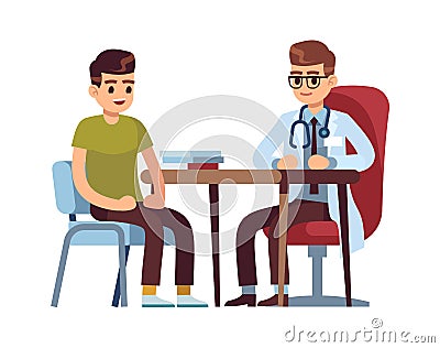 Doctor and patient in hospital office. People at medic desk on consults, vector medical clinic concept Vector Illustration