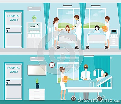 Doctor and patient in Hospital room with beds. Vector Illustration