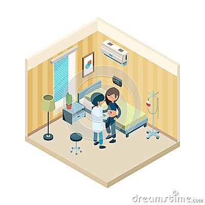 Doctor and patient. Medic standing near bed of patient in hospital treatment health vector isometric concept Vector Illustration