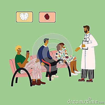 Doctor and patient medical concept. Patients sitting in queue and waiting appointment time. Vector Illustration