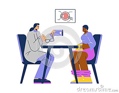 Doctor and patient, ophthalmologist consultation flat style Vector Illustration