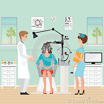 Doctor and patient at Ophthalmologist interior office Vector Illustration