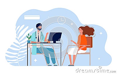 Doctor and patient. Physician medical consultation, clinic office. Diagnosis treatment patients and healthcare vector Vector Illustration