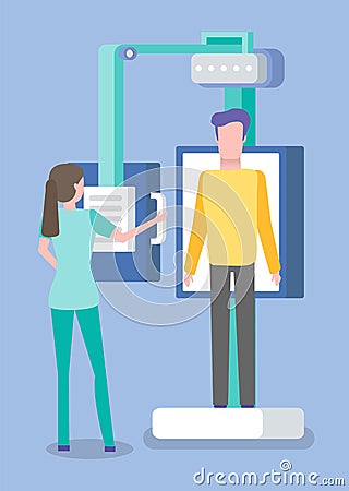 Doctor and Patient, Xray Fluorography in Hospital Vector Illustration