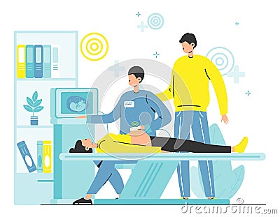 Doctor performing abdominal ultrasound to pregnant woman. Pregnancy ultrasound scan, checkup, sonography test, vector. Vector Illustration