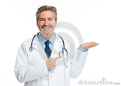 Doctor pharmacist presenting white background Stock Photo