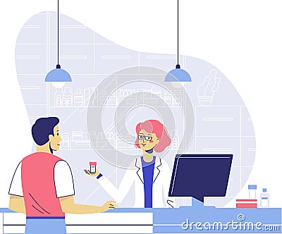 Pharmacy concept with pharmacist and patient Vector Illustration