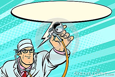 Doctor physician with stethoscope says comic cloud Vector Illustration