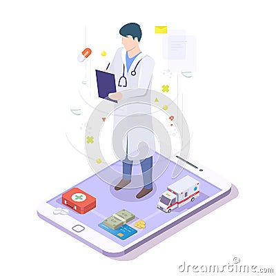 Online doctor physician with stethoscope on mobile phone screen, isometric vector illustration Vector Illustration