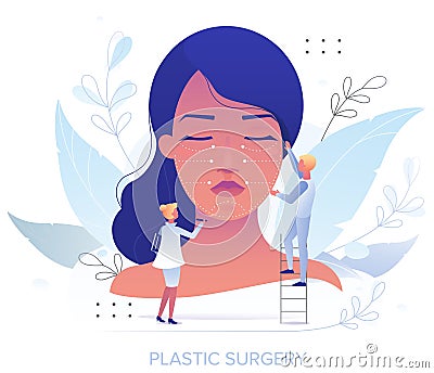 Doctor plastic surgeon drawing incision lines with marker on female face, vector illustration. Plastic aesthetic surgery Vector Illustration