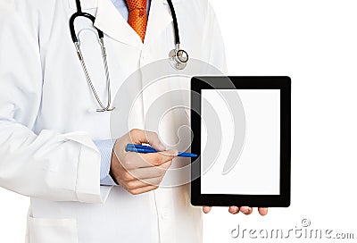 Doctor pointing at digital tablet Stock Photo