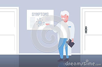 Doctor pointing at medical board with coronavirus symptoms epidemic MERS-CoV virus wuhan 2019-nCoV hospital office Vector Illustration