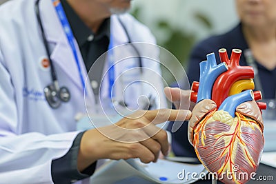 doctor pointing to ventricle on heart model during a lecture Stock Photo